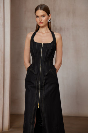 Aurohaya Adrienne black denim front-slit contrast-stitching maxi dress