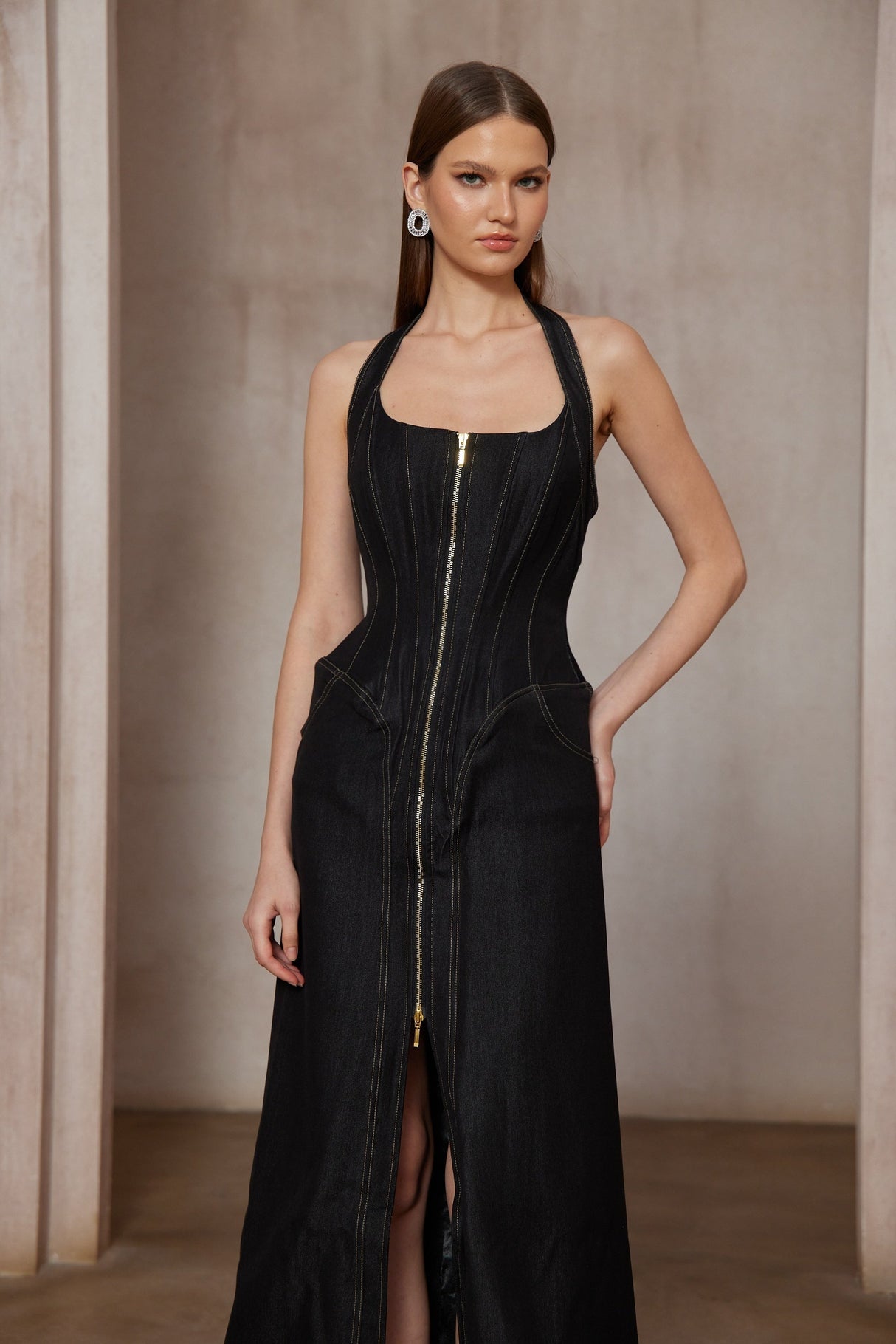 Aurohaya Adrienne black denim front-slit contrast-stitching maxi dress