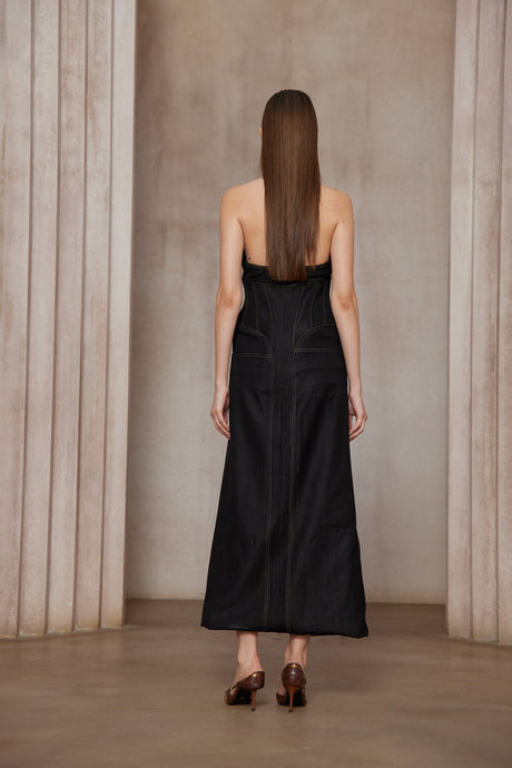 Aurohaya Adrienne black denim front-slit contrast-stitching maxi dress