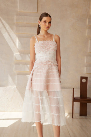 Aurohaya Eléonore White Creased Tulle Midi Dress