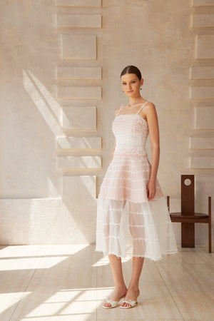 Aurohaya Eléonore White Creased Tulle Midi Dress
