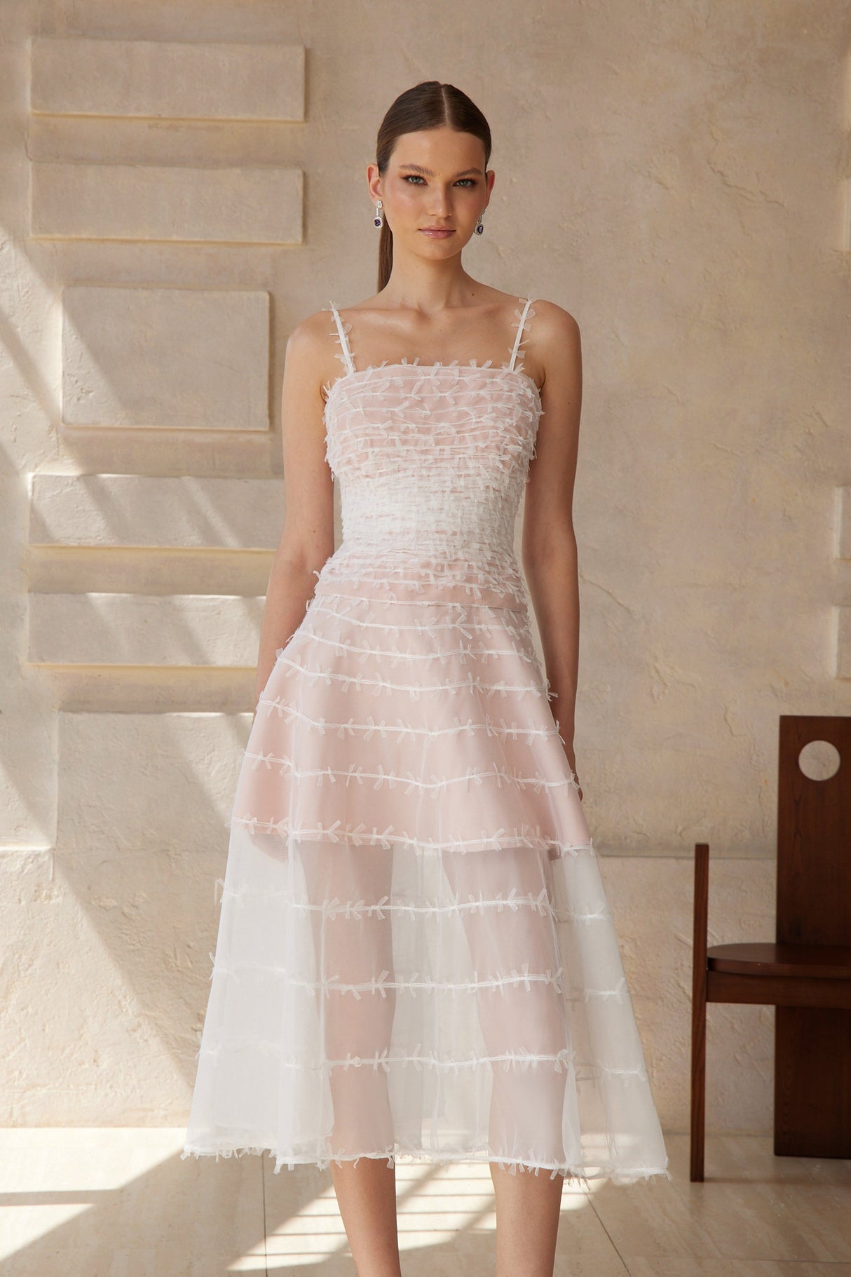 Aurohaya Eléonore White Creased Tulle Midi Dress