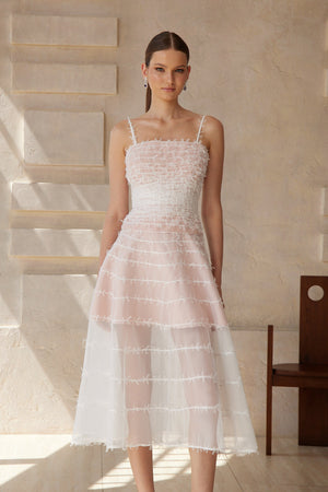 Aurohaya Eléonore White Creased Tulle Midi Dress