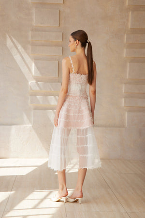 Aurohaya Eléonore White Creased Tulle Midi Dress