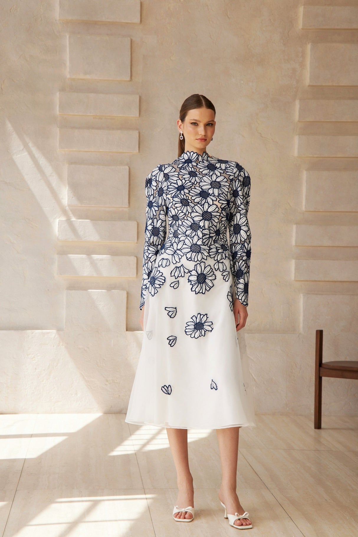 Aurohaya Caméo Blue Floral Embroidered Tulle Midi Dress
