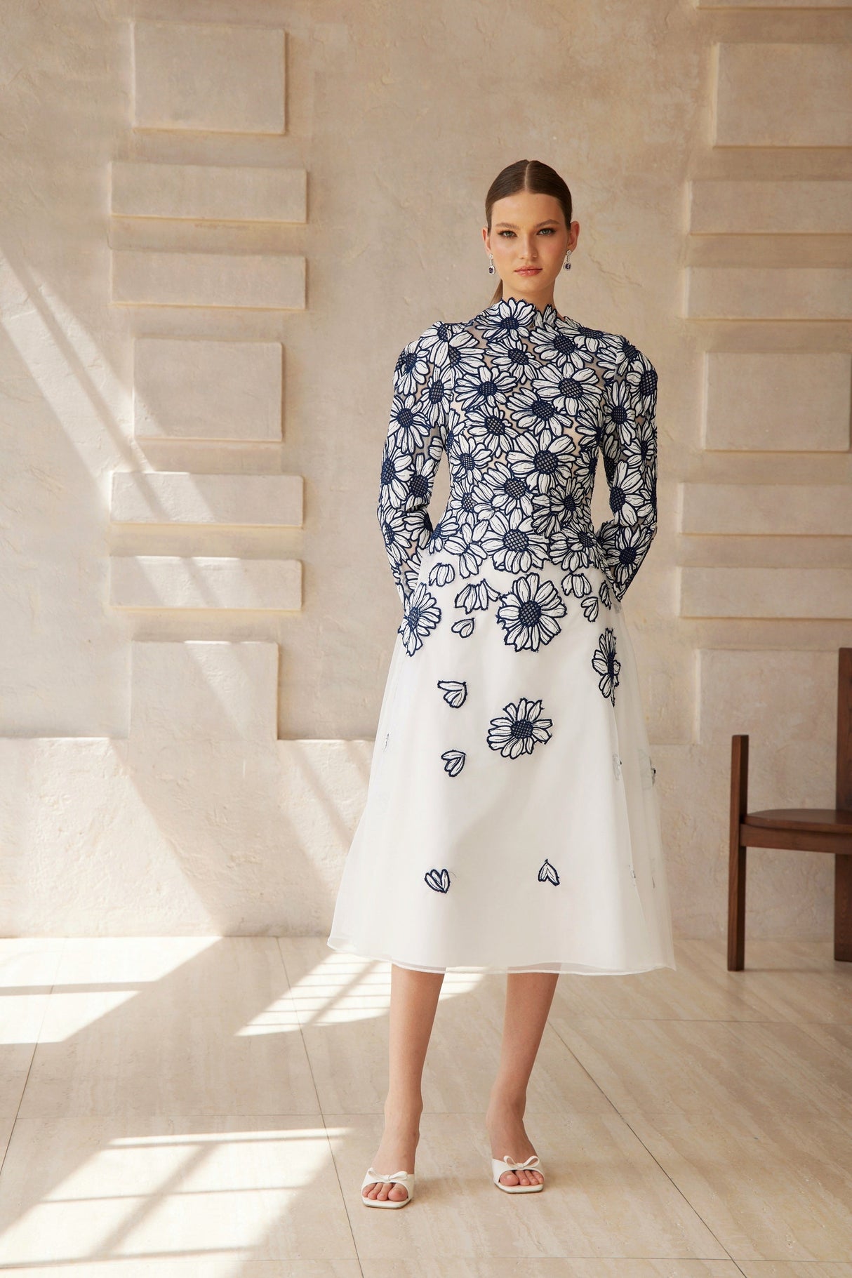 Aurohaya Caméo Blue Floral Embroidered Tulle Midi Dress