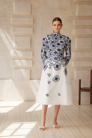 Aurohaya Caméo Blue Floral Embroidered Tulle Midi Dress