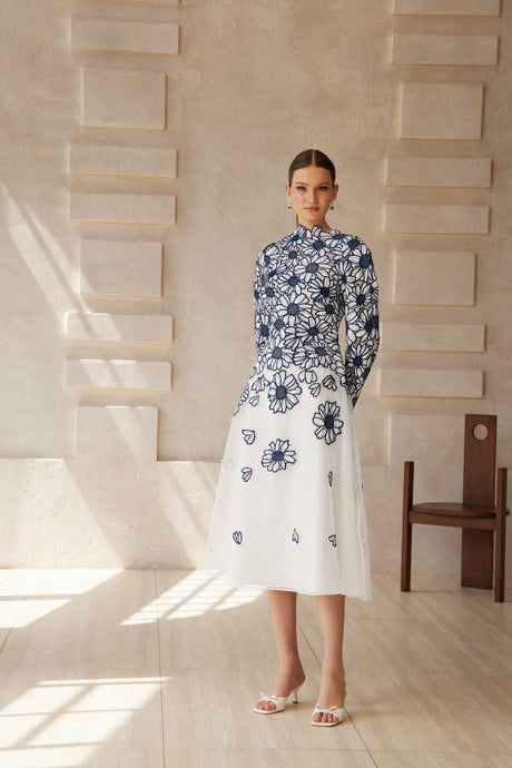 Aurohaya Caméo Blue Floral Embroidered Tulle Midi Dress