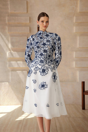 Aurohaya Caméo Blue Floral Embroidered Tulle Midi Dress