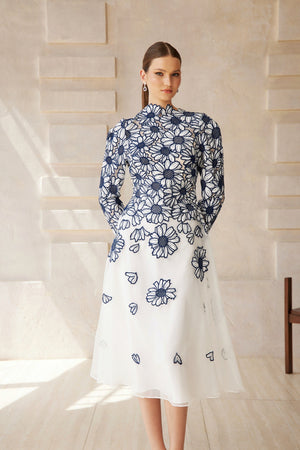 Aurohaya Caméo Blue Floral Embroidered Tulle Midi Dress
