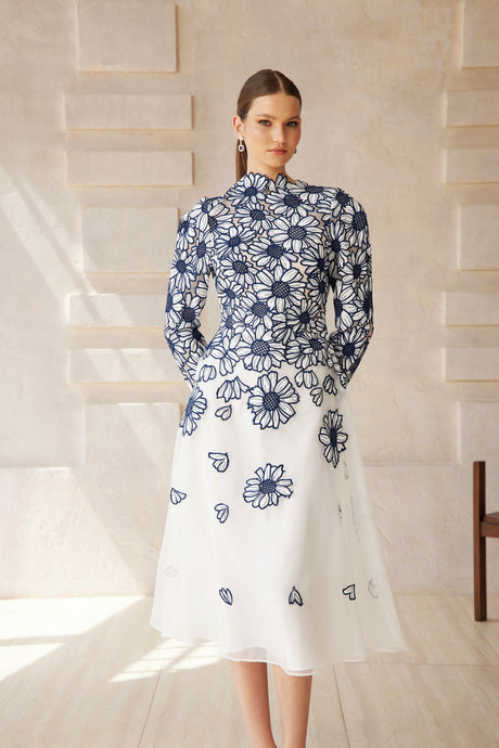Aurohaya Caméo Blue Floral Embroidered Tulle Midi Dress