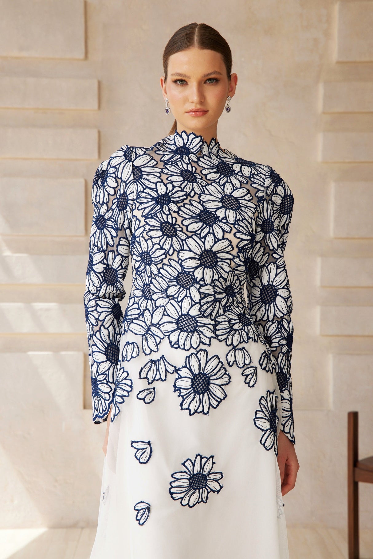 Aurohaya Caméo Blue Floral Embroidered Tulle Midi Dress