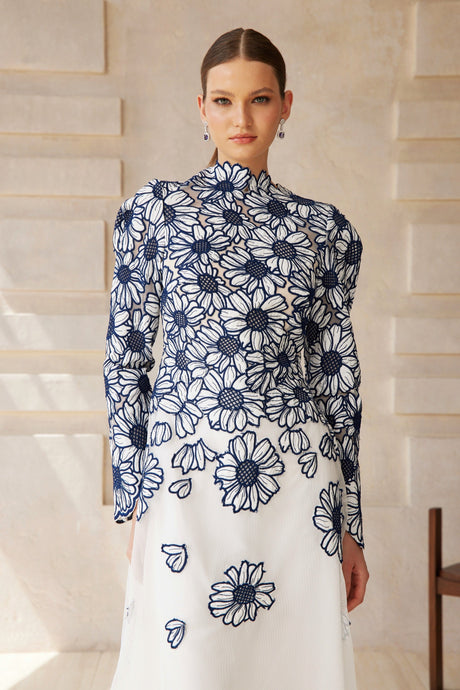 Aurohaya Caméo Blue Floral Embroidered Tulle Midi Dress