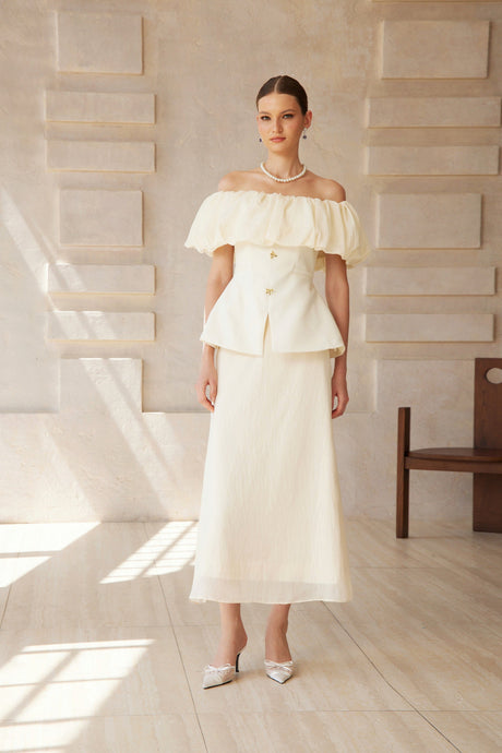 Aurohaya Dianthe White Off Shoulder Shirred Top & Skirt Set