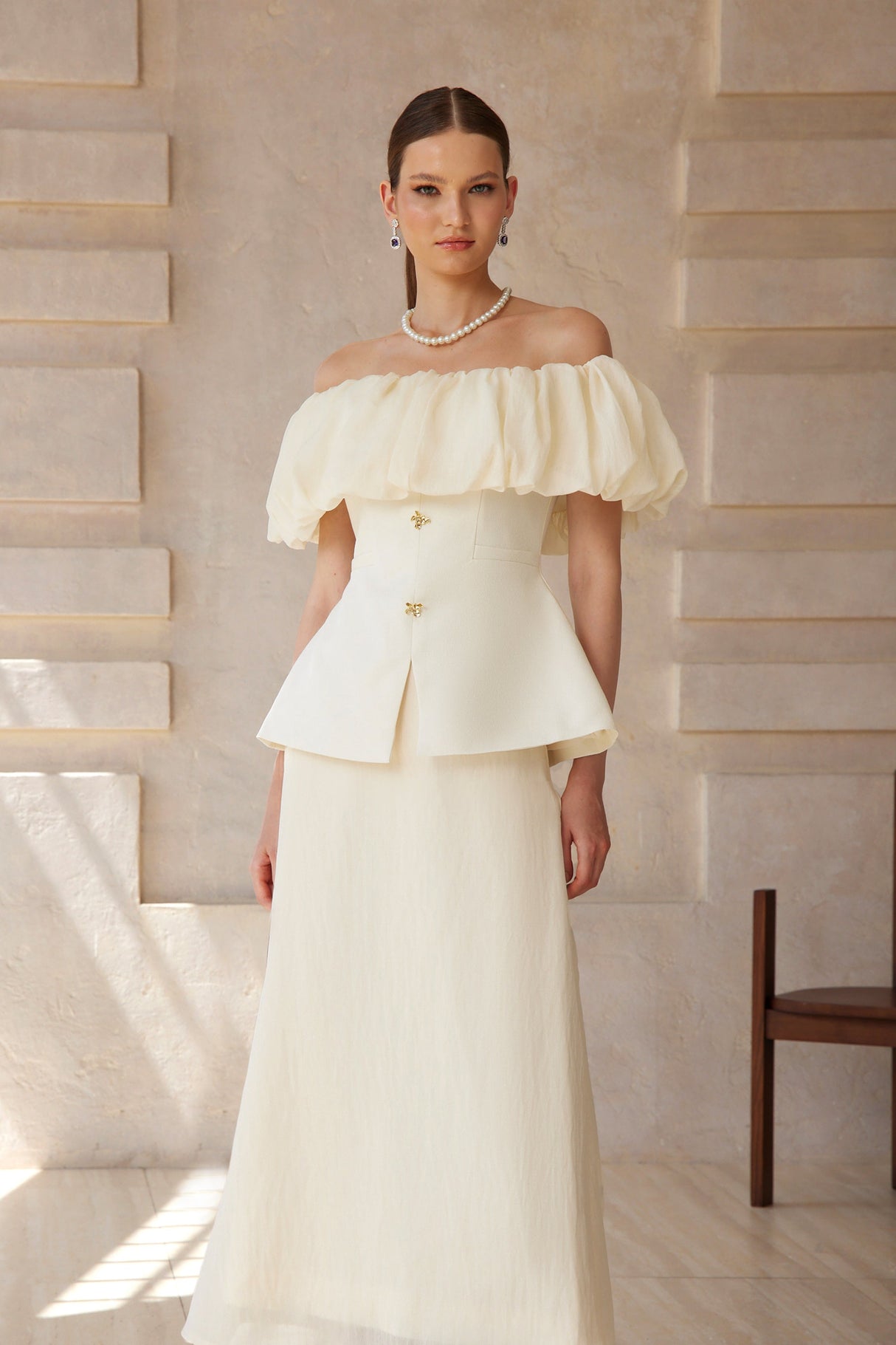 Aurohaya Dianthe White Off Shoulder Shirred Top & Skirt Set