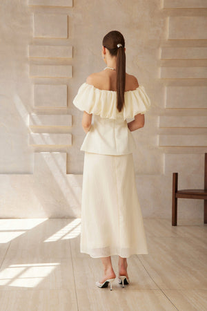 Aurohaya Dianthe White Off Shoulder Shirred Top & Skirt Set