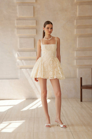 Aurohaya Euphemia Cream White Floral Lace Mini Dress