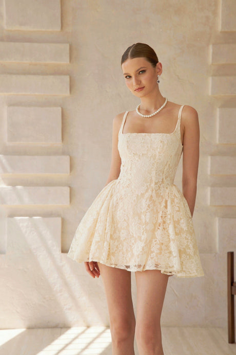 Aurohaya Euphemia Cream White Floral Lace Mini Dress