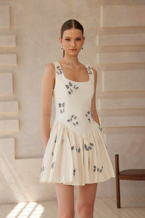 Aurohaya Ophélie White Butterfly Embroidered Mini Dress