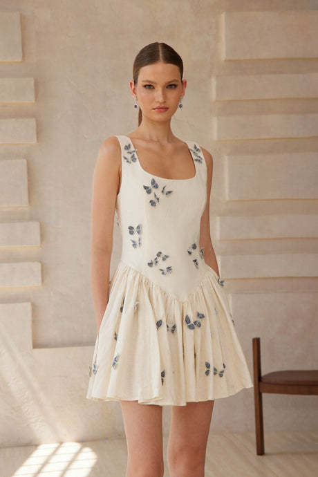 Aurohaya Ophélie White Butterfly Embroidered Mini Dress