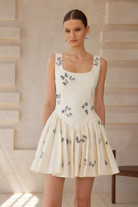 Aurohaya Ophélie White Butterfly Embroidered Mini Dress