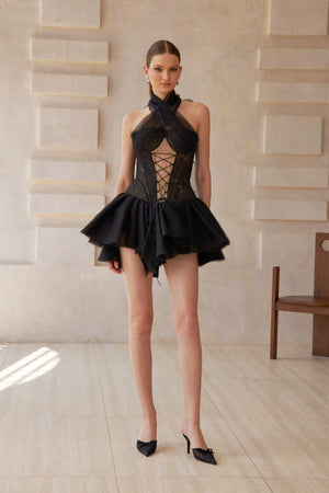 Aurohaya Pénélope Black Halterneck Lace Panel Mini Dress