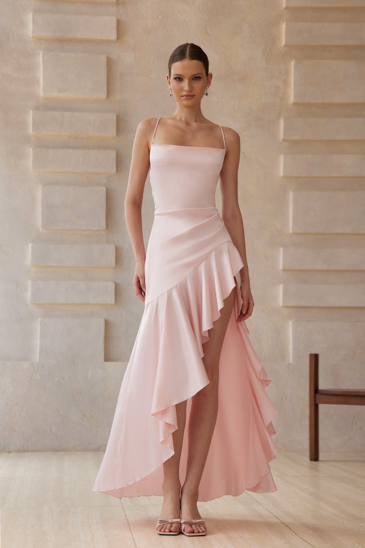 Aurohaya Léna Pink Asymmetrical Satin Midi Dress