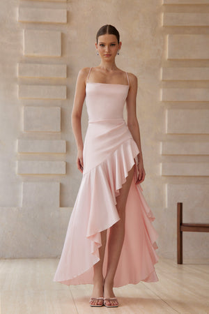 Aurohaya Léna Pink Asymmetrical Satin Midi Dress