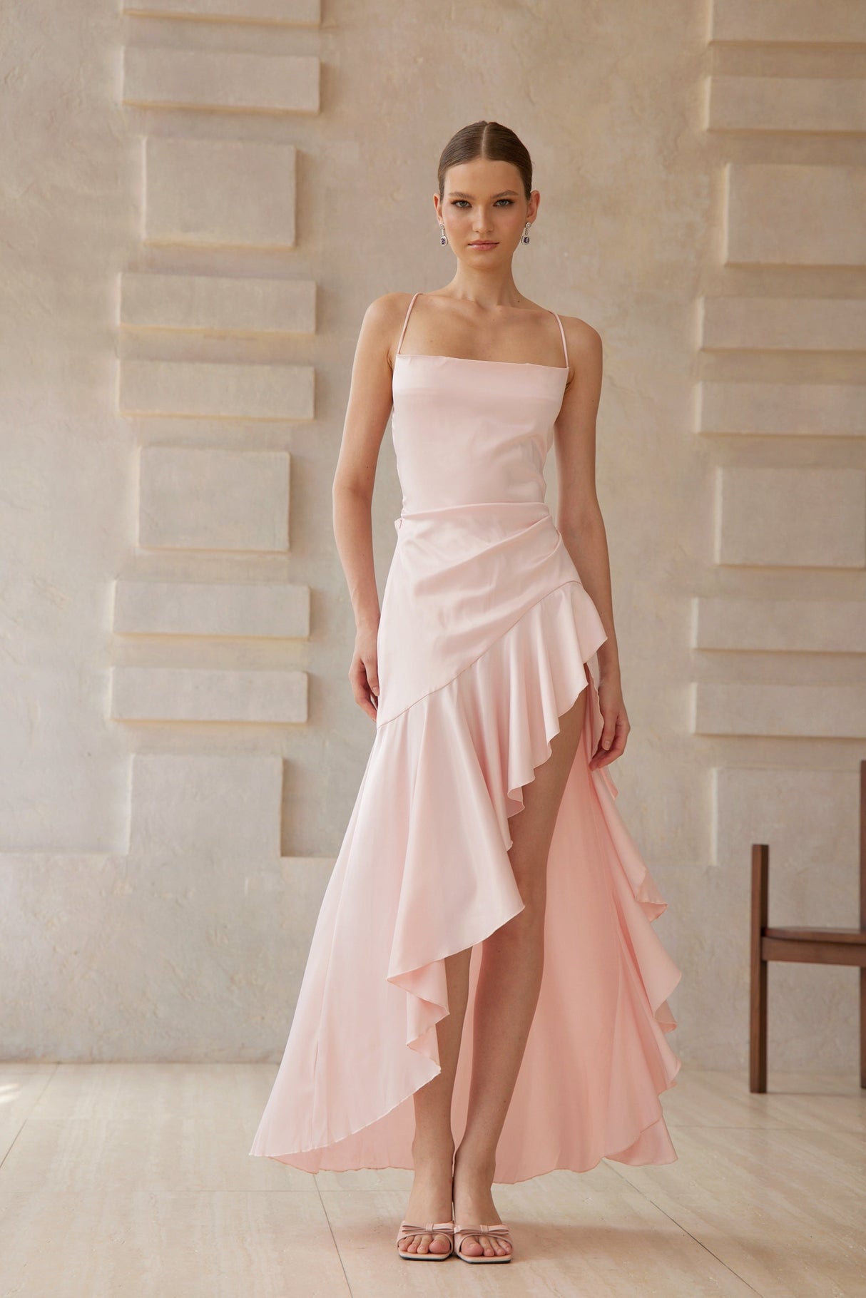 Aurohaya Léna Pink Asymmetrical Satin Midi Dress