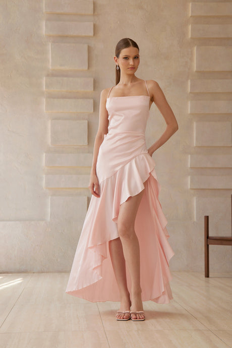 Aurohaya Léna Pink Asymmetrical Satin Midi Dress