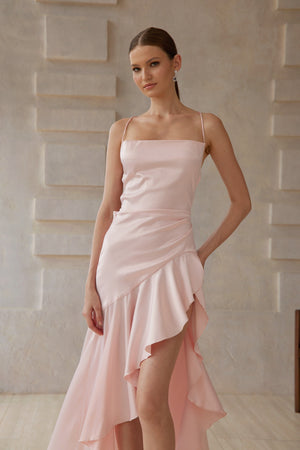 Aurohaya Léna Pink Asymmetrical Satin Midi Dress