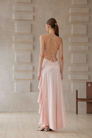Aurohaya Léna Pink Asymmetrical Satin Midi Dress