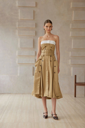 Aurohaya Alba Khaki Trench Style Midi Dress