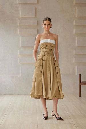 Aurohaya Alba Khaki Trench Style Midi Dress