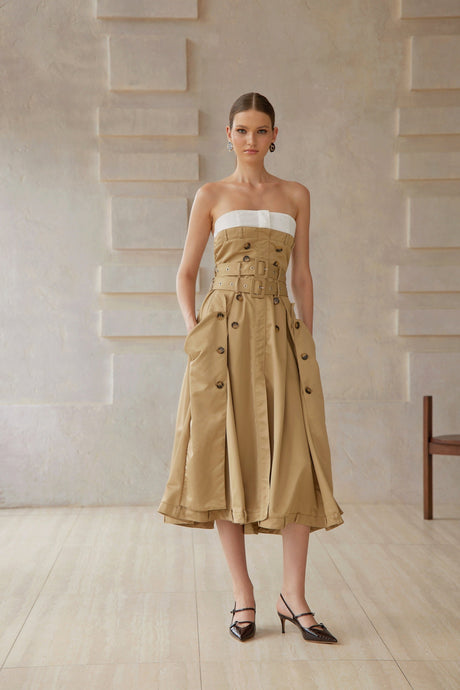 Aurohaya Alba Khaki Trench Style Midi Dress