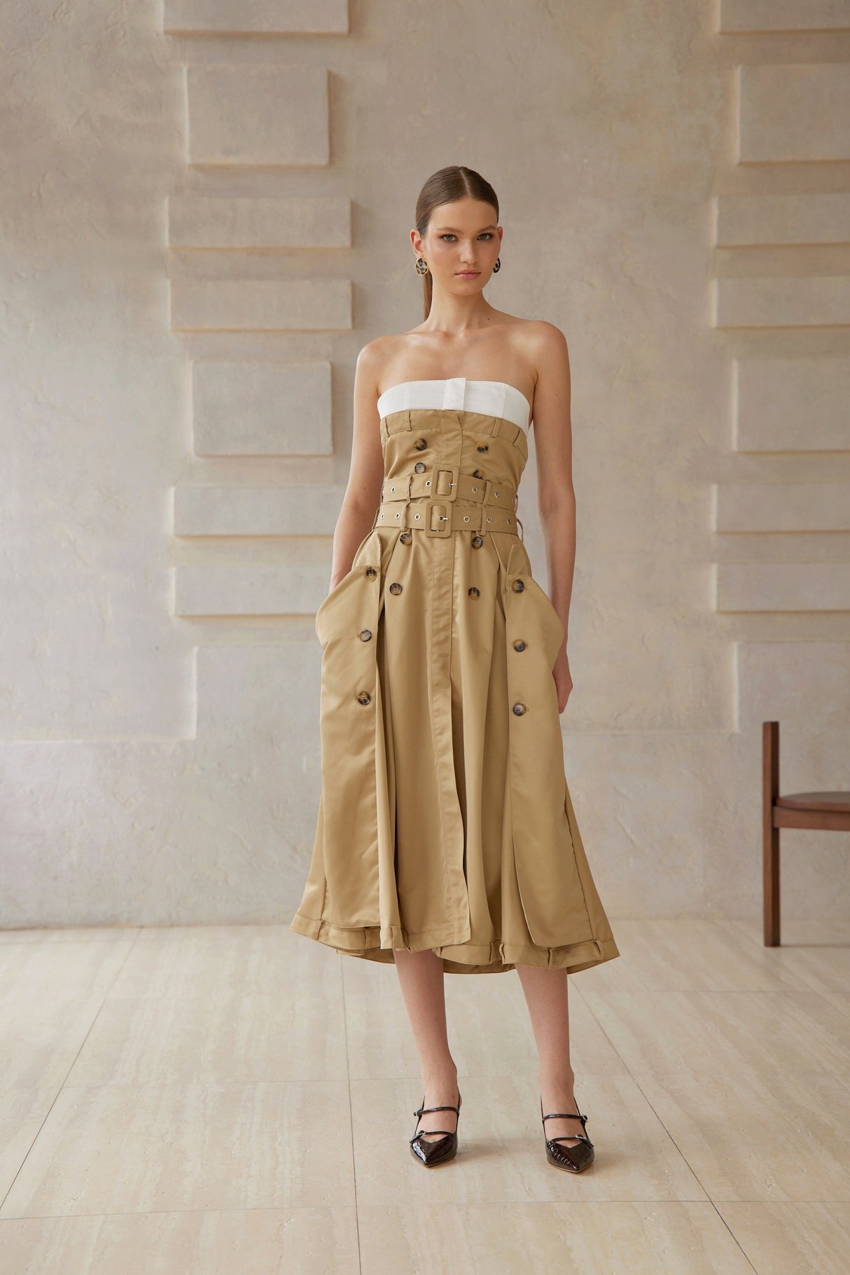 Aurohaya Alba Khaki Trench Style Midi Dress