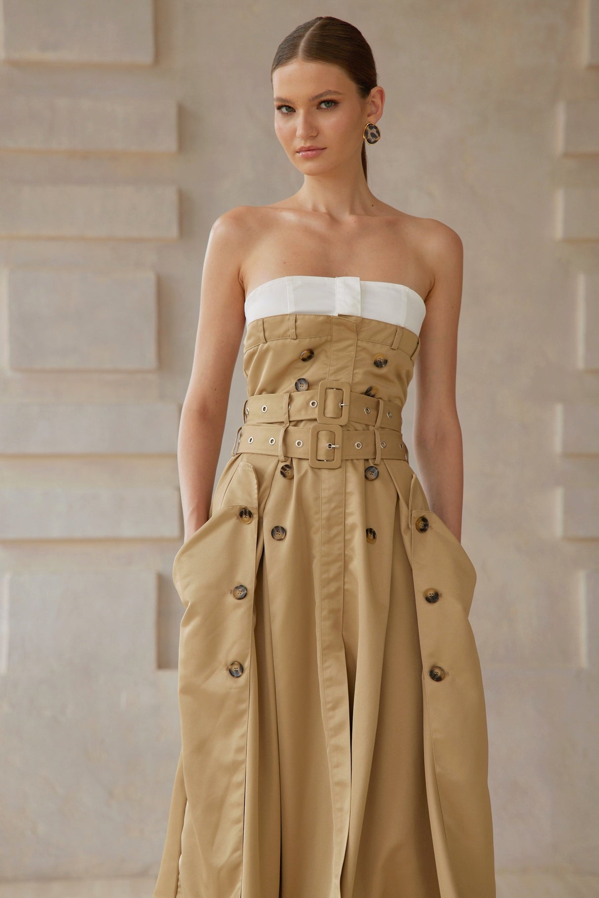 Aurohaya Alba Khaki Trench Style Midi Dress