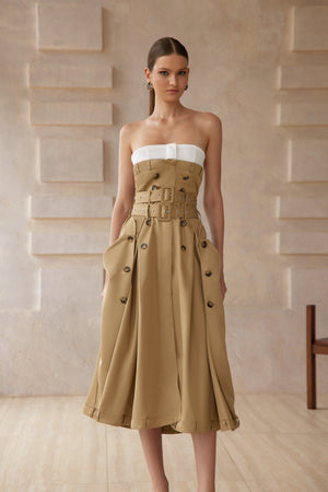Aurohaya Alba Khaki Trench Style Midi Dress