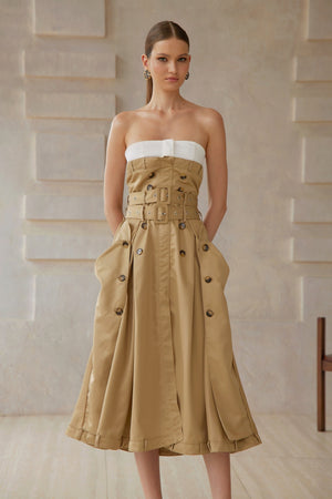 Aurohaya Alba Khaki Trench Style Midi Dress