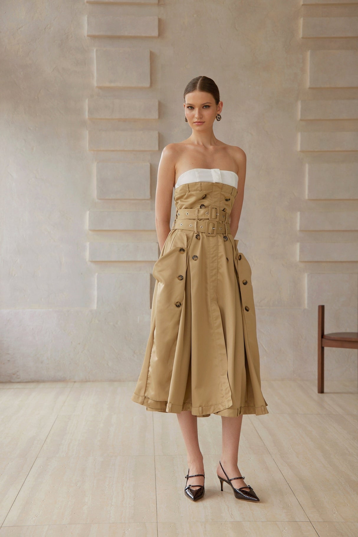 Aurohaya Alba Khaki Trench Style Midi Dress