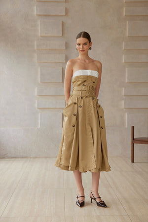 Aurohaya Alba Khaki Trench Style Midi Dress
