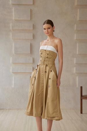 Aurohaya Alba Khaki Trench Style Midi Dress