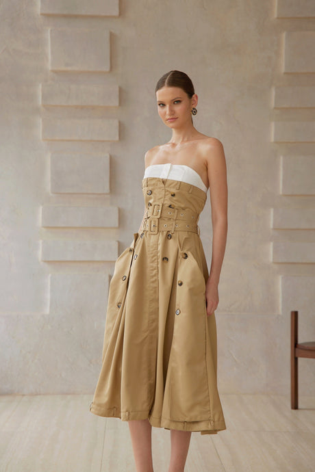 Aurohaya Alba Khaki Trench Style Midi Dress