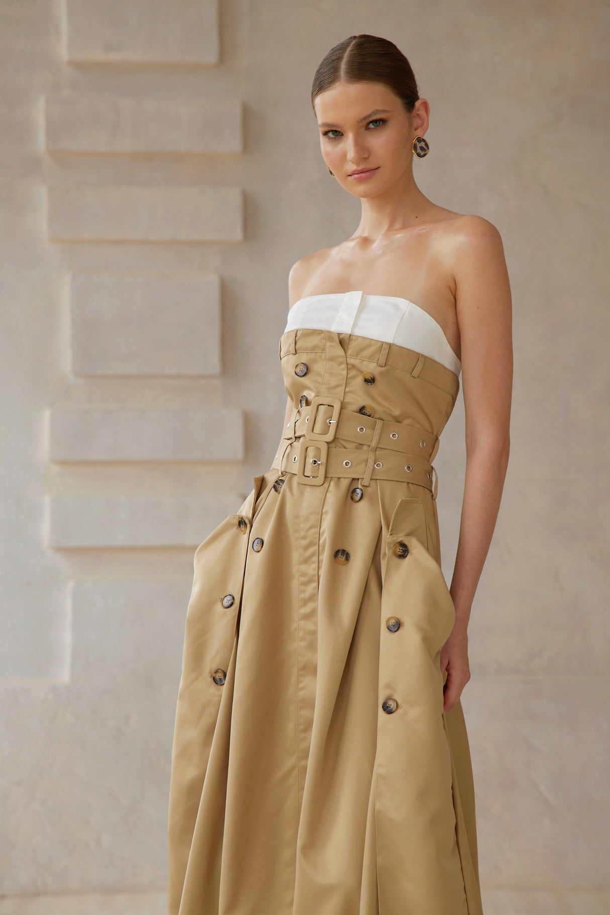 Aurohaya Alba Khaki Trench Style Midi Dress