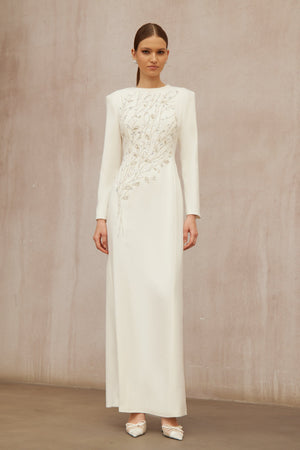 Aurohaya Calliopée White Leaf Appliqué Embellished Maxi Gown