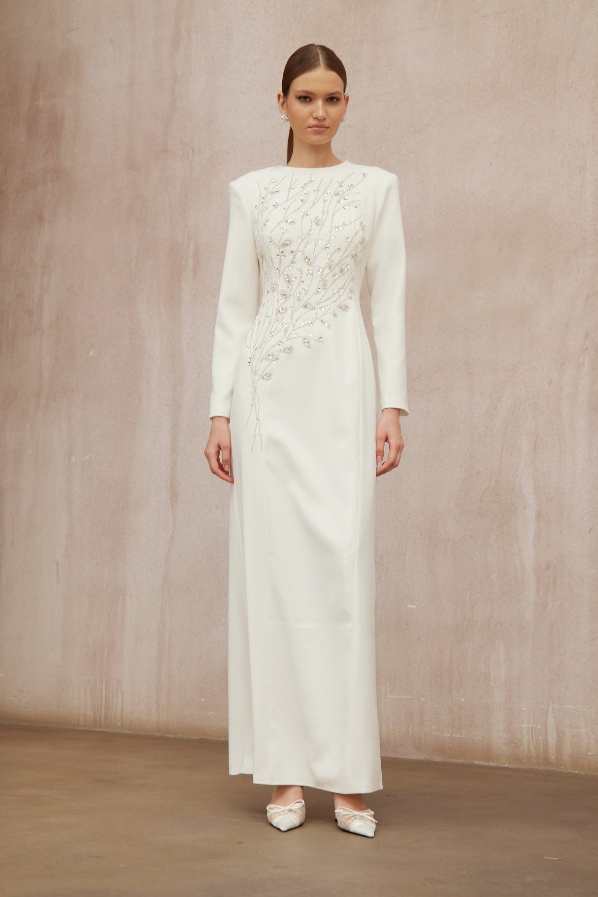 Aurohaya Calliopée White Leaf Appliqué Embellished Maxi Gown