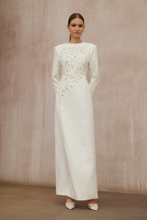 Aurohaya Calliopée White Leaf Appliqué Embellished Maxi Gown
