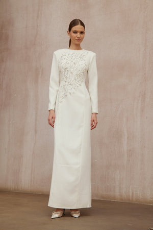 Aurohaya Calliopée White Leaf Appliqué Embellished Maxi Gown