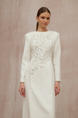 Aurohaya Calliopée White Leaf Appliqué Embellished Maxi Gown