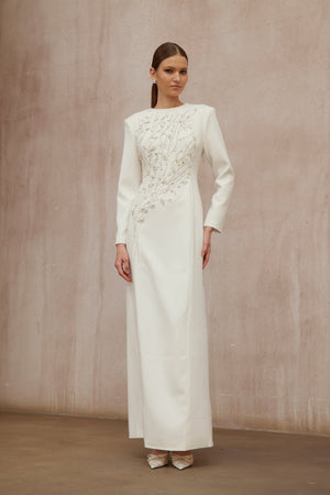 Aurohaya Calliopée White Leaf Appliqué Embellished Maxi Gown